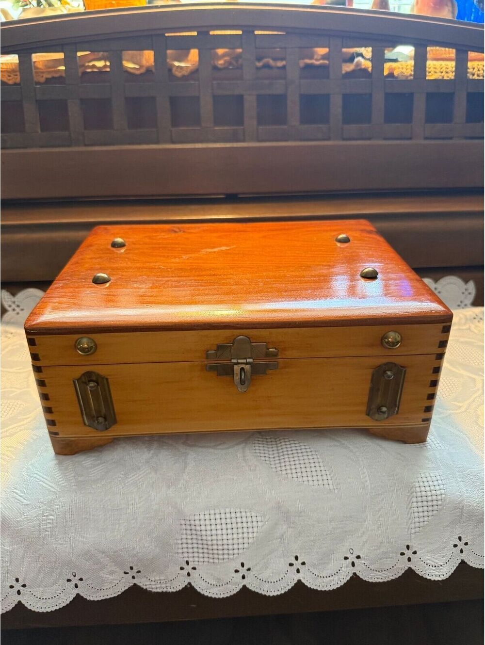 Vintage jewelry box with mirror and pink liner. See pics for staining.